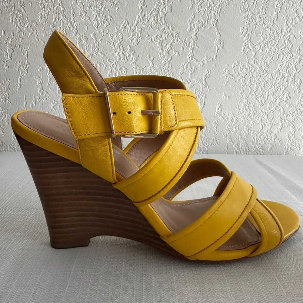 J Crew Shoe Lena Strappy Wood Wedge Sandals Leather Size 7.5 Yellow